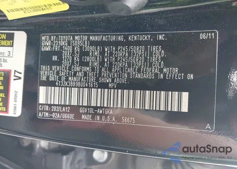 2011 Toyota Venza Base V6 из США, поврежденный, VIN 4T3ZK3BB9BU041615